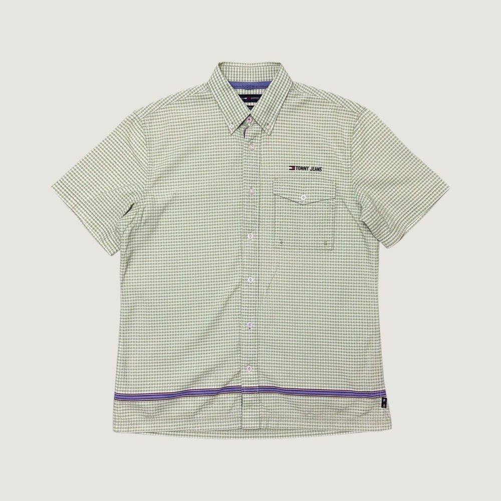 Tommy Jeans Mens Medium Lime Green Gingham Plaid Short Sleeve Button Down Shirt